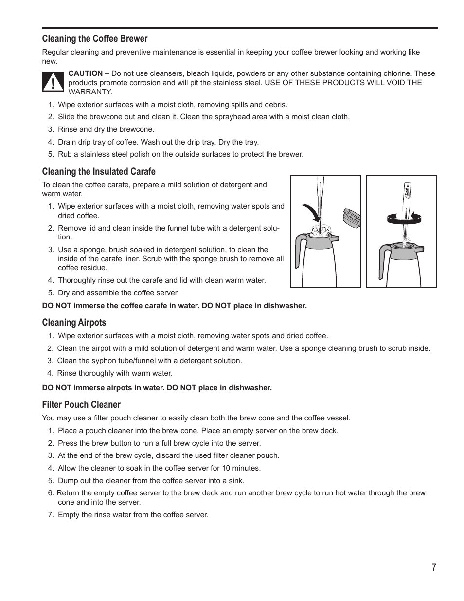 Cleaning the coffee brewer, Cleaning the insulated carafe, Cleaning airpots | Filter pouch cleaner | Wilbur Curtis TLP User Manual | Page 7 / 8