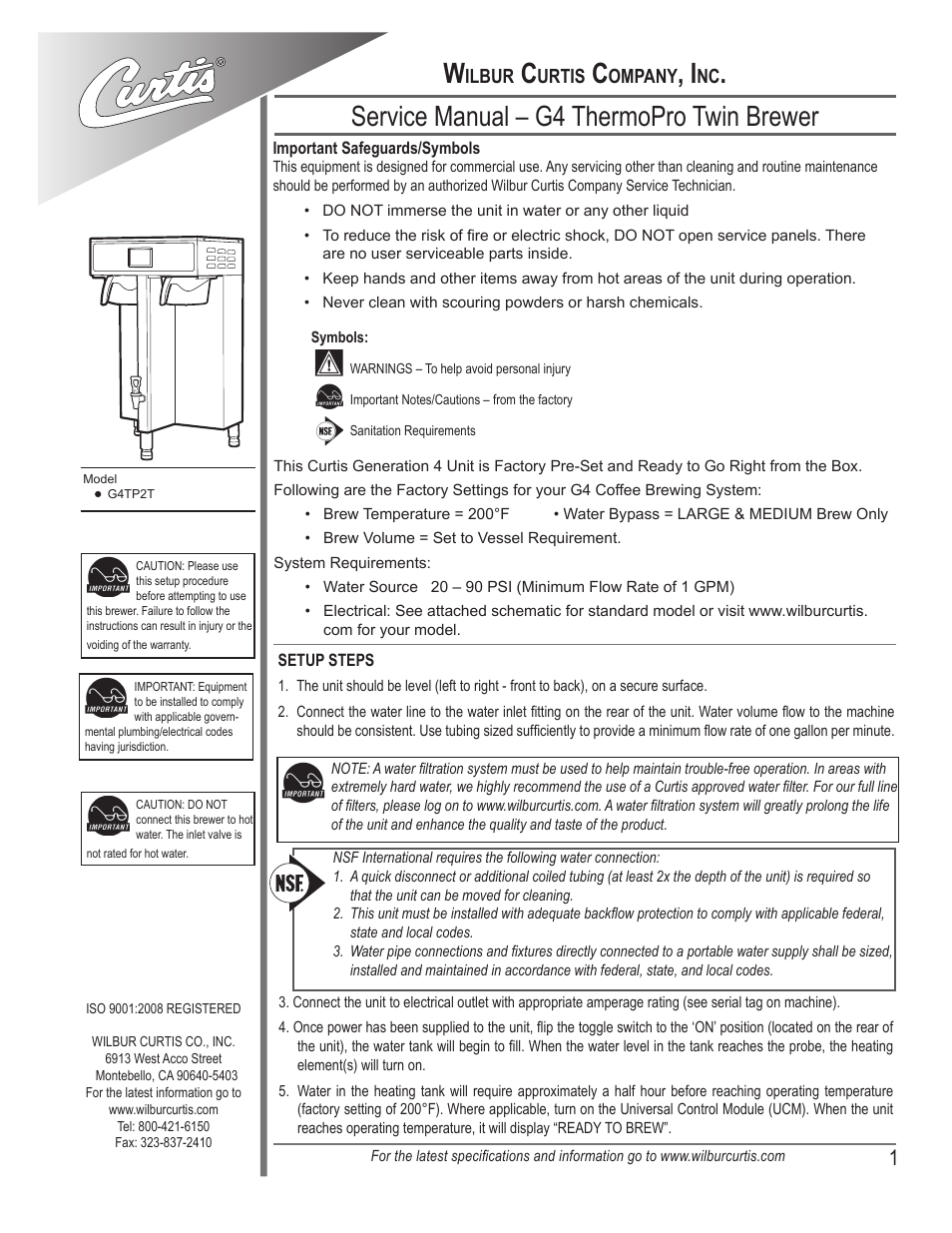 Wilbur Curtis G4TP2T User Manual | 16 pages