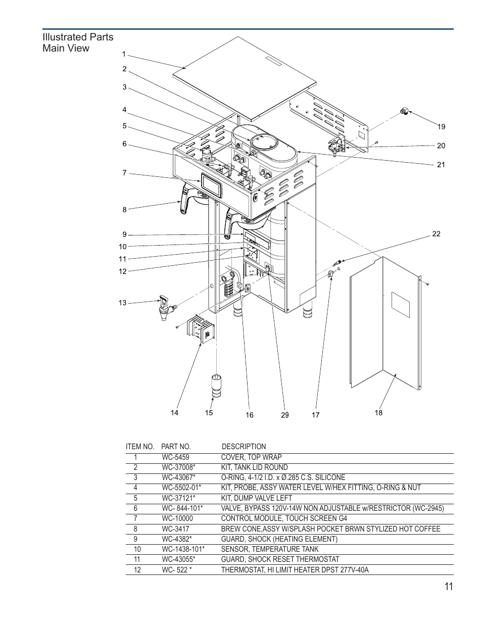 Illustrated parts main view | Wilbur Curtis G4TP2T User Manual | Page 11 / 16
