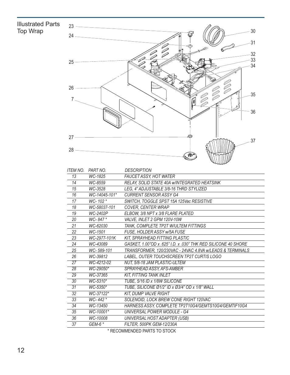 Illustrated parts top wrap | Wilbur Curtis G4TP2T User Manual | Page 12 / 16