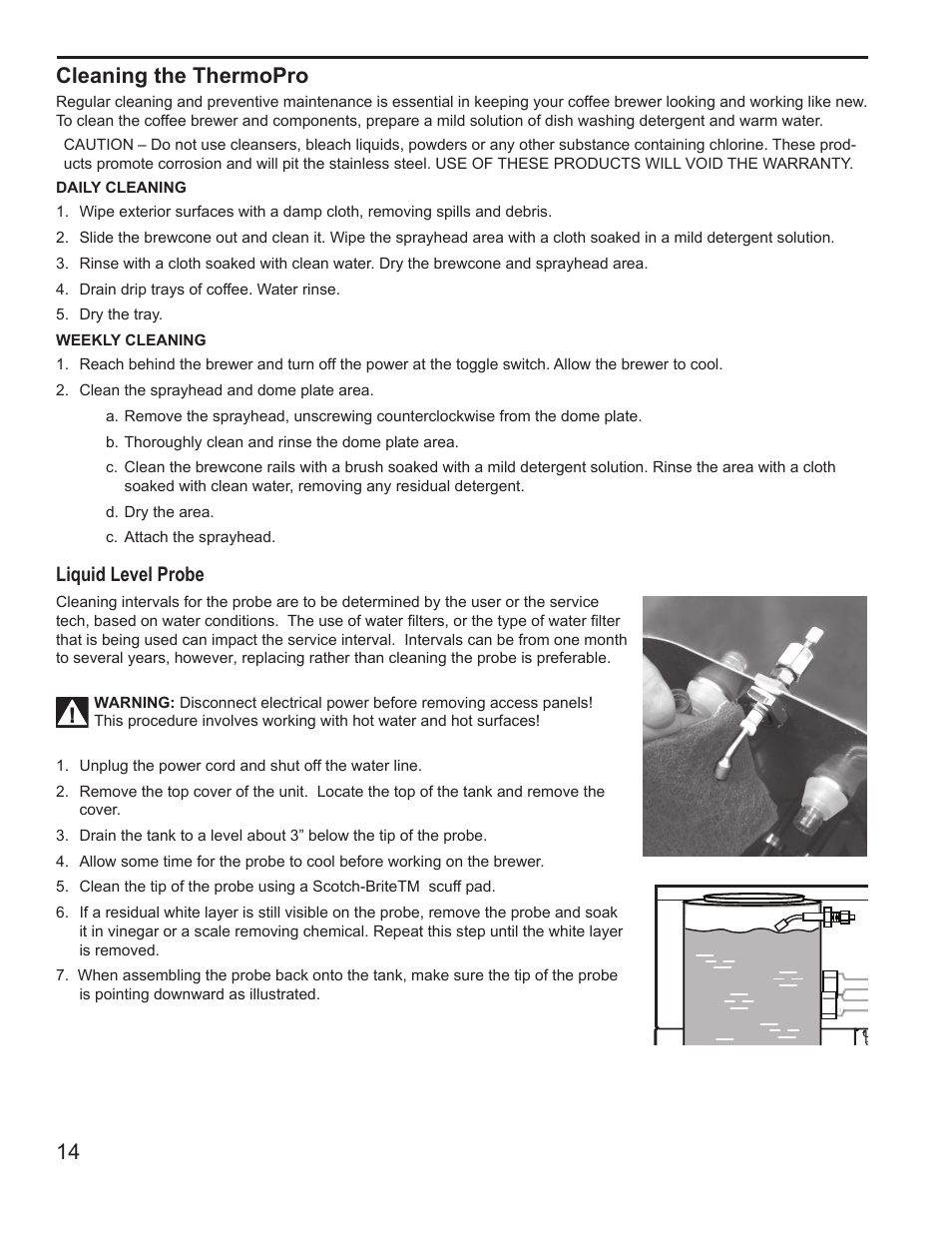 14 cleaning the thermopro, Liquid level probe | Wilbur Curtis G4TP2T User Manual | Page 14 / 16