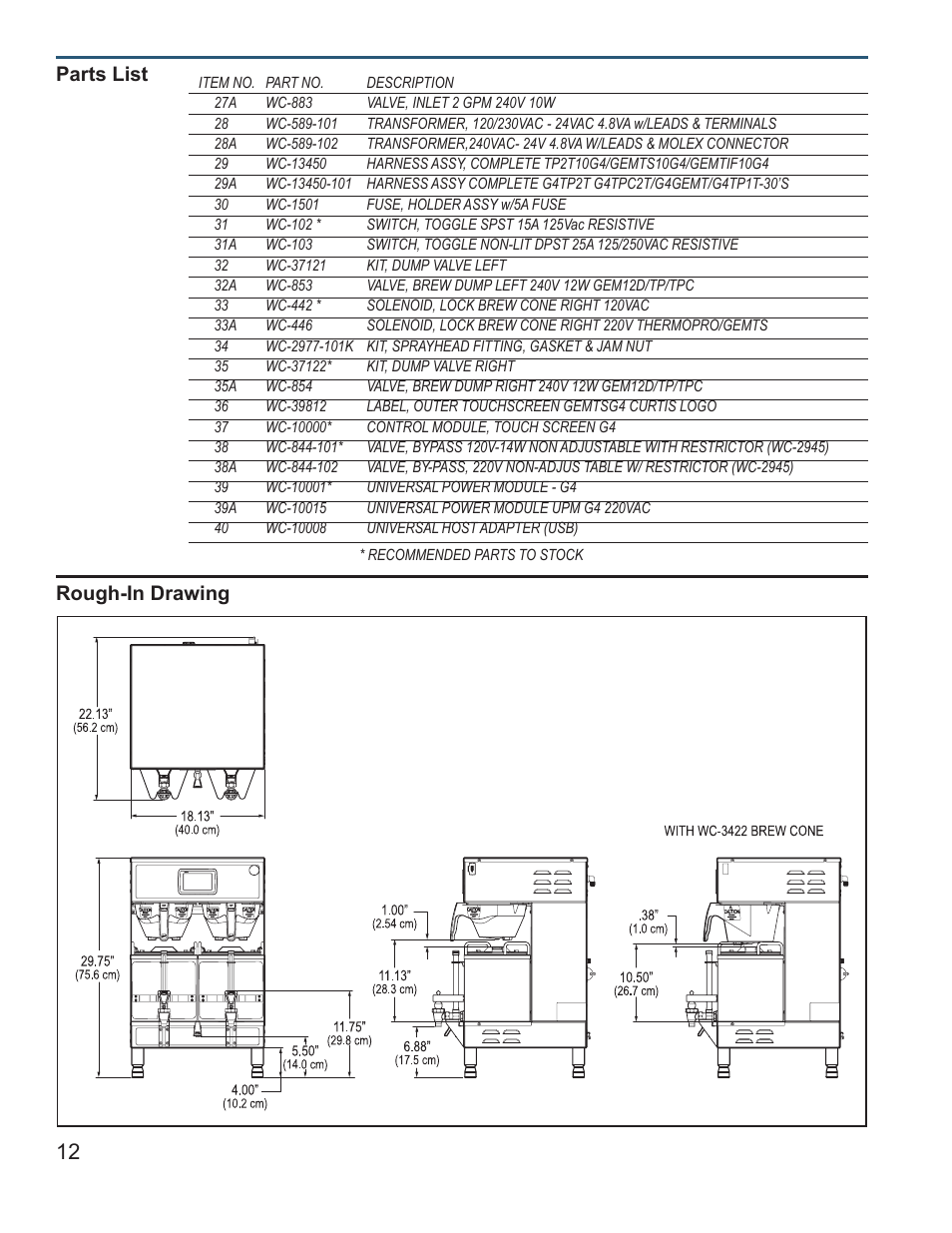 Parts list, Rough-in drawing | Wilbur Curtis G4GEMT User Manual | Page 12 / 16