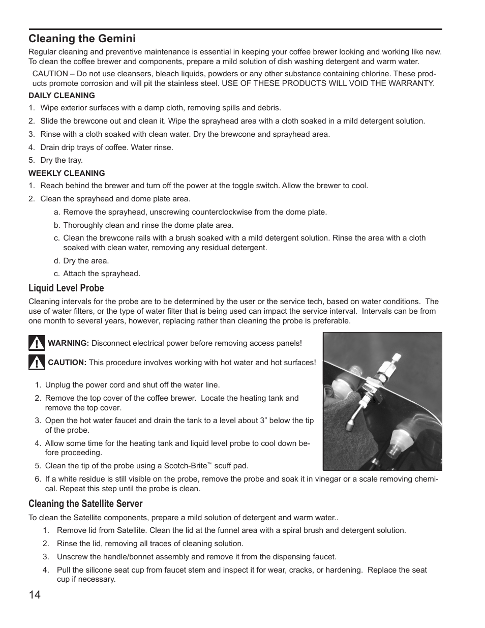 14 cleaning the gemini, Liquid level probe, Cleaning the satellite server | Wilbur Curtis G4GEMT User Manual | Page 14 / 16