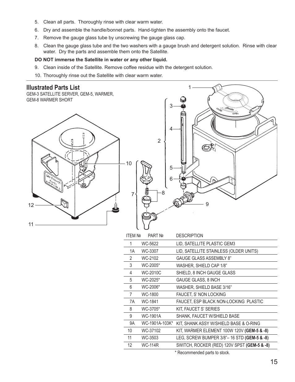 Illustrated parts list | Wilbur Curtis G4GEMT User Manual | Page 15 / 16