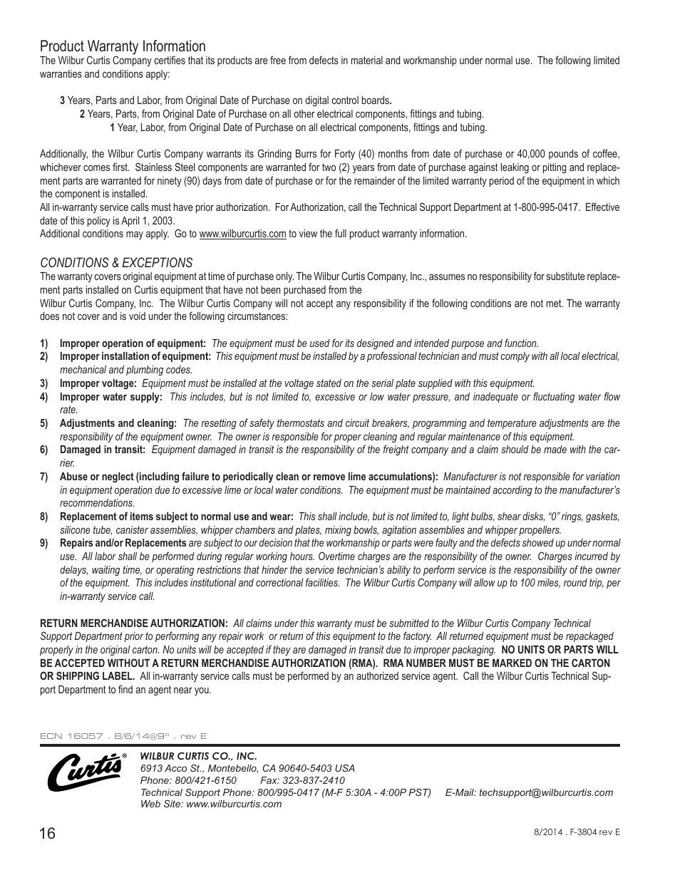 Product warranty information | Wilbur Curtis G4GEMT User Manual | Page 16 / 16