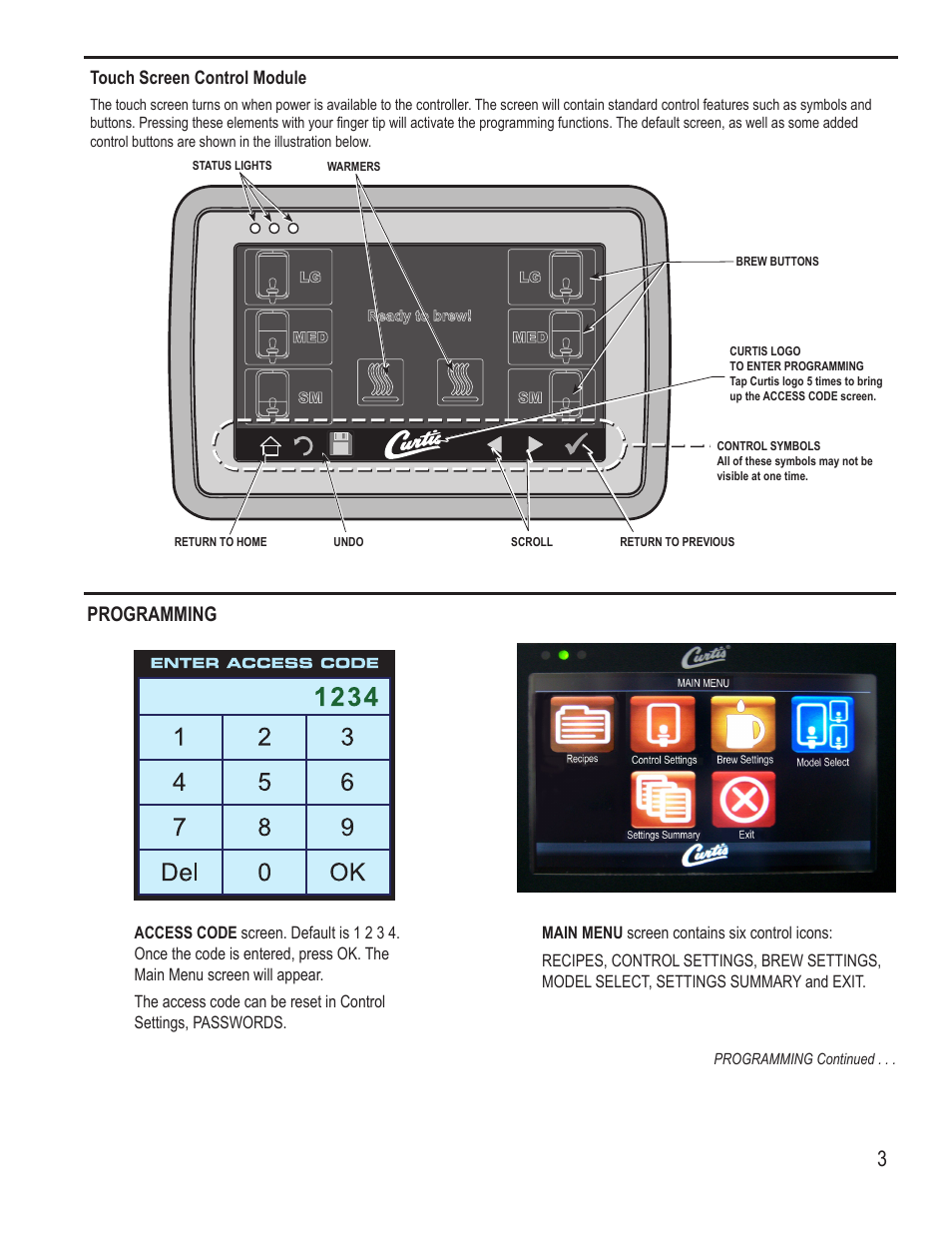 Programming, Touch screen control module | Wilbur Curtis G4GEMT User Manual | Page 3 / 16
