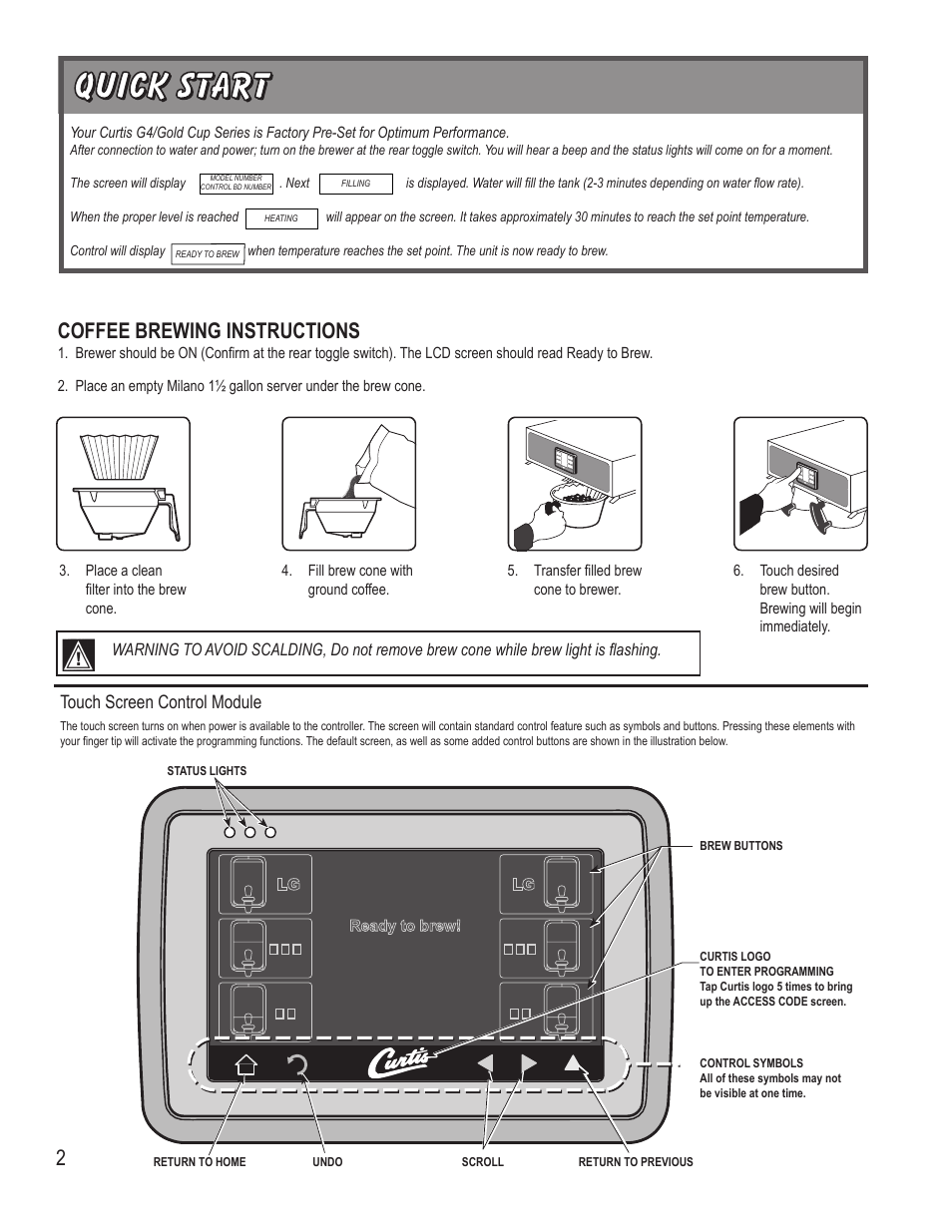 Coffee brewing instructions, Touch screen control module | Wilbur Curtis G4TPC2T User Manual | Page 2 / 14