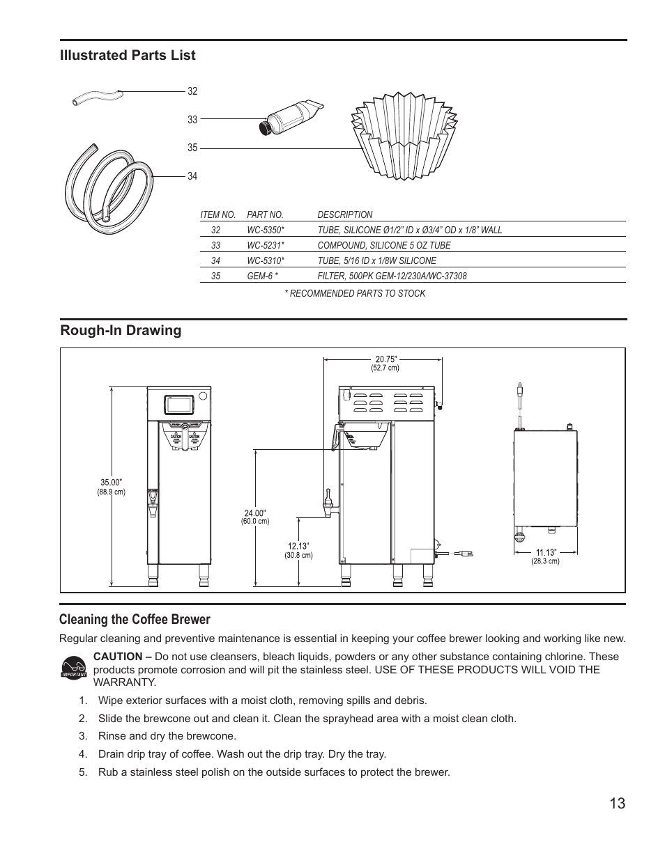 Cleaning the coffee brewer, Rough-in drawing illustrated parts list | Wilbur Curtis G4TP2S User Manual | Page 13 / 16