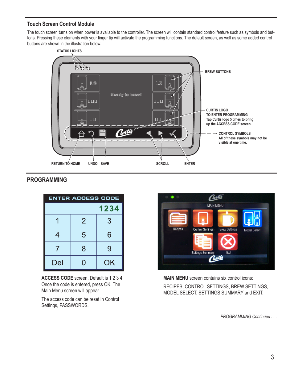 Programming, Touch screen control module | Wilbur Curtis G4TP2S User Manual | Page 3 / 16