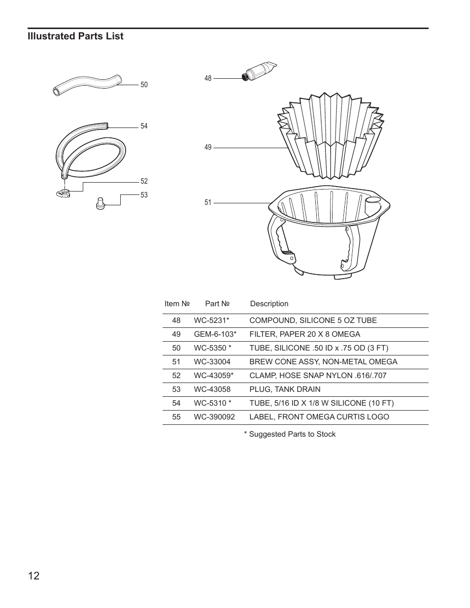 Illustrated parts list | Wilbur Curtis OMGT16 User Manual | Page 12 / 18