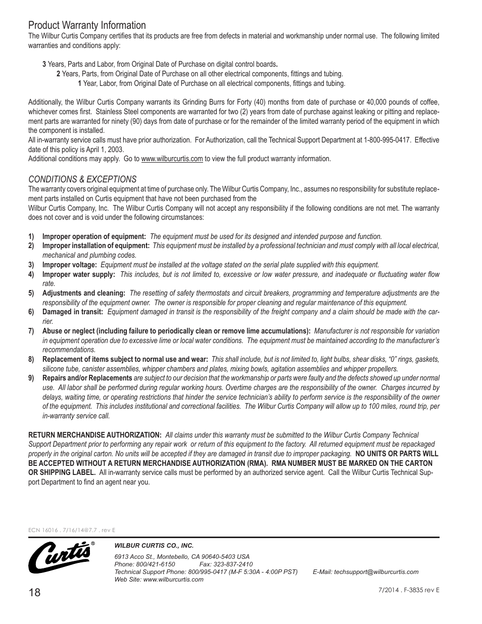 Product warranty information | Wilbur Curtis OMGT16 User Manual | Page 18 / 18
