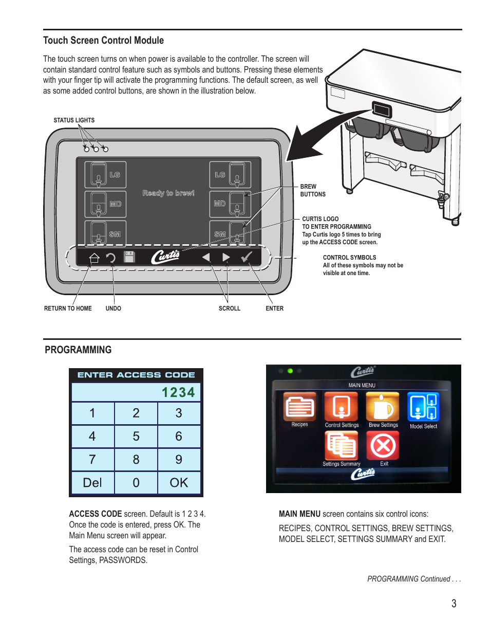 Touch screen control module, Programming | Wilbur Curtis OMGT16 User Manual | Page 3 / 18