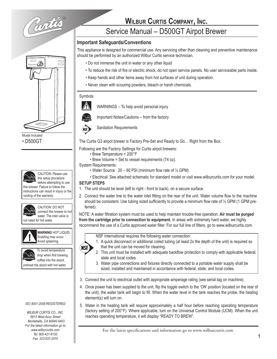 Wilbur Curtis D500GT User Manual | 10 pages