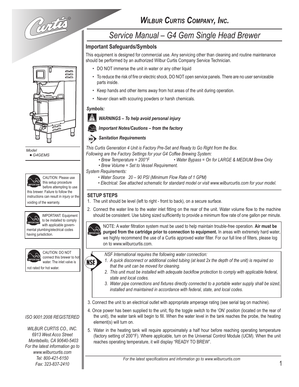 Wilbur Curtis G4GEMS User Manual | 18 pages