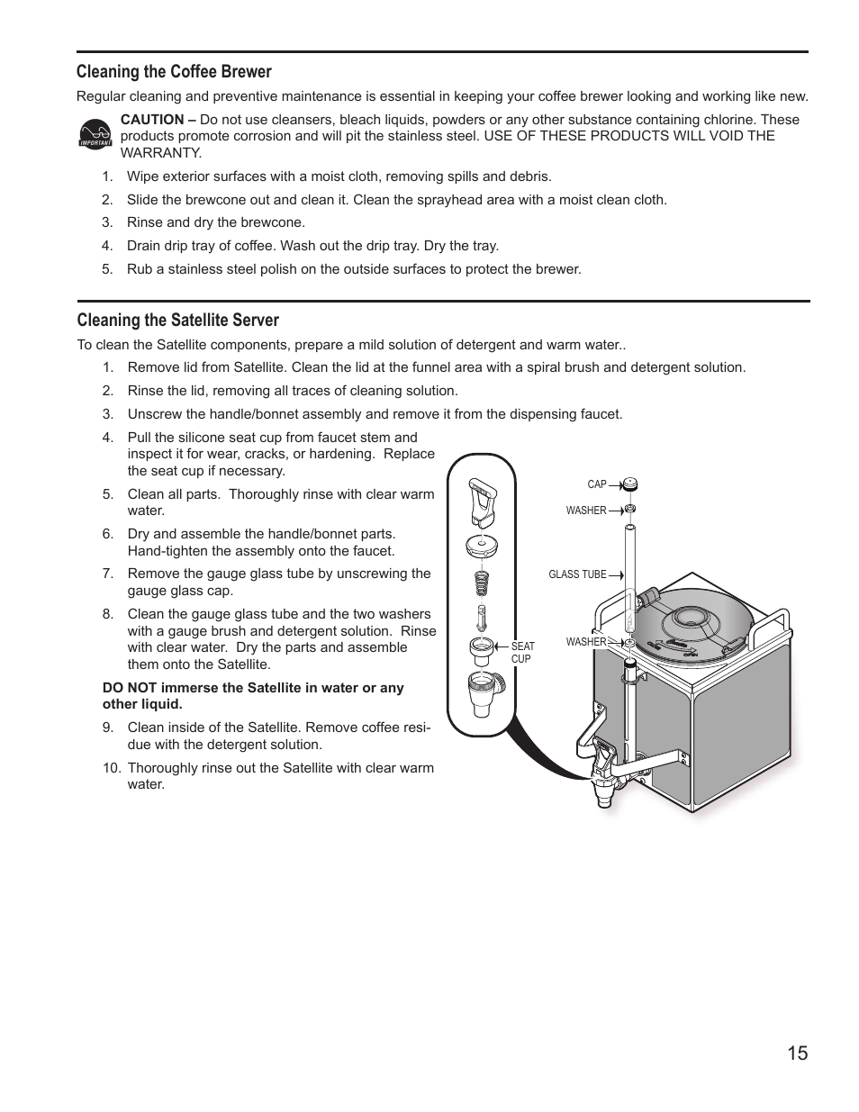 Cleaning the satellite server, Cleaning the coffee brewer | Wilbur Curtis G4GEMS User Manual | Page 15 / 18