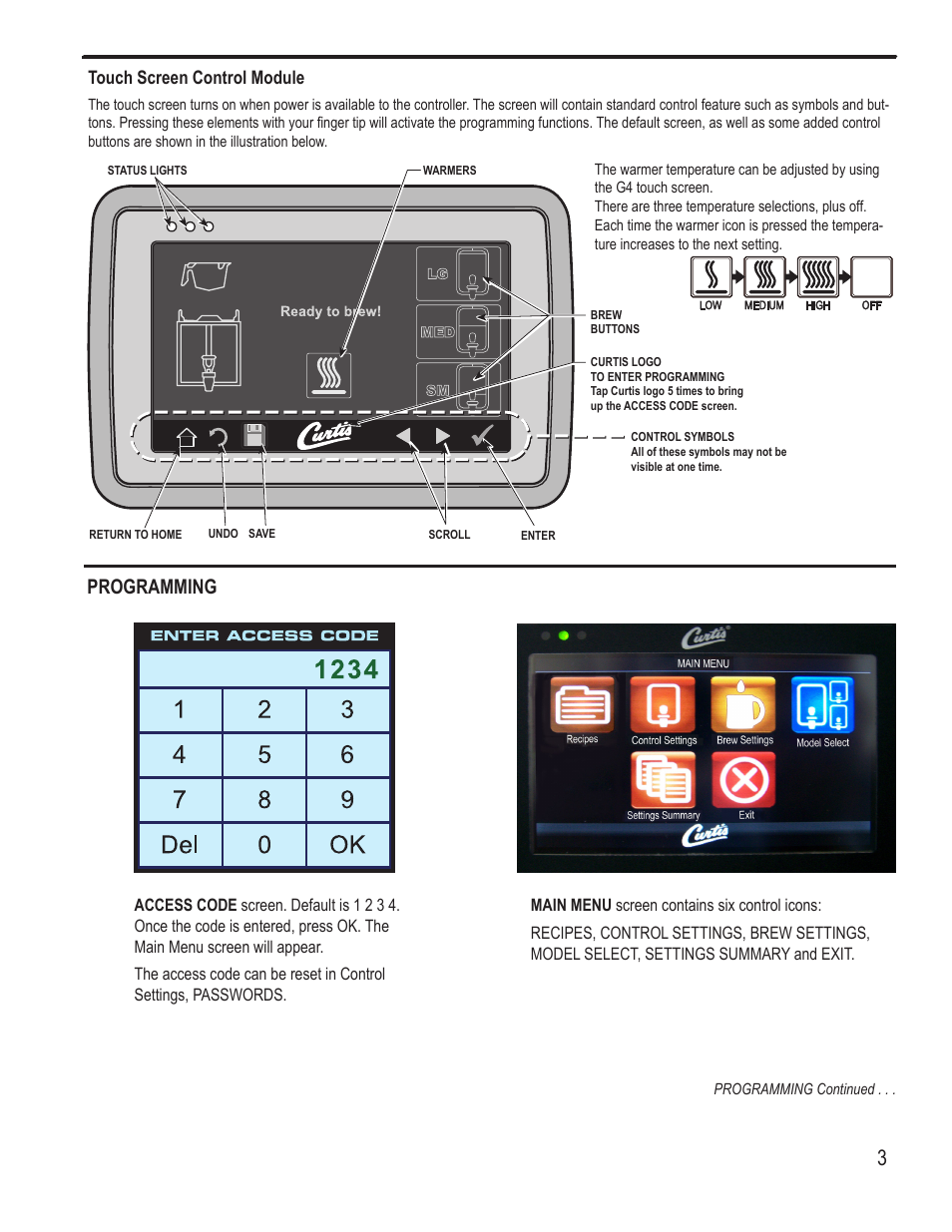 Programming, Touch screen control module | Wilbur Curtis G4GEMS User Manual | Page 3 / 18