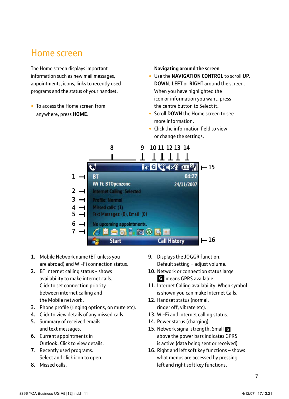 Home screen | BT HTC S620 User Manual | Page 11 / 44