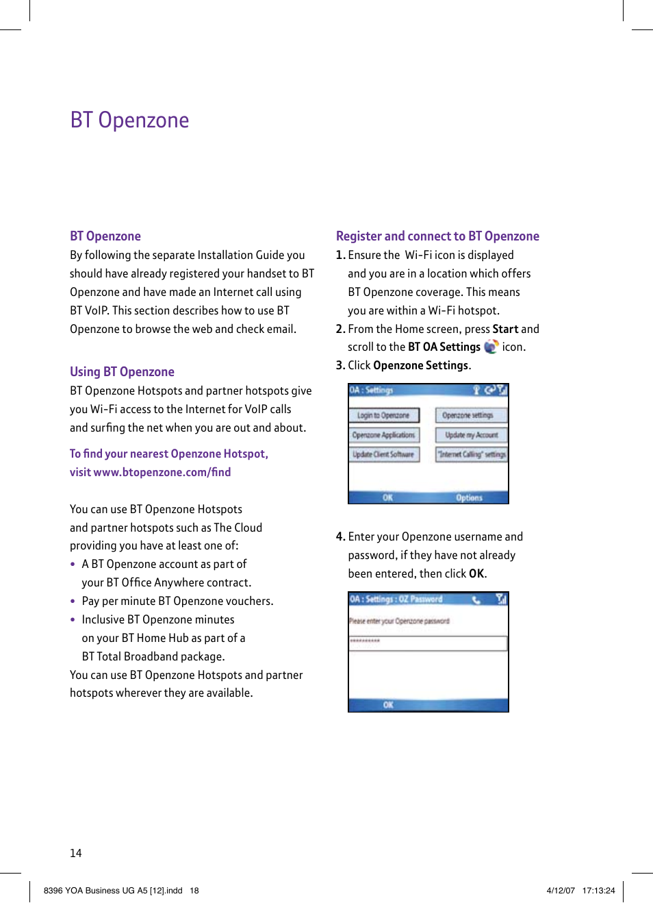 Bt openzone | BT HTC S620 User Manual | Page 18 / 44
