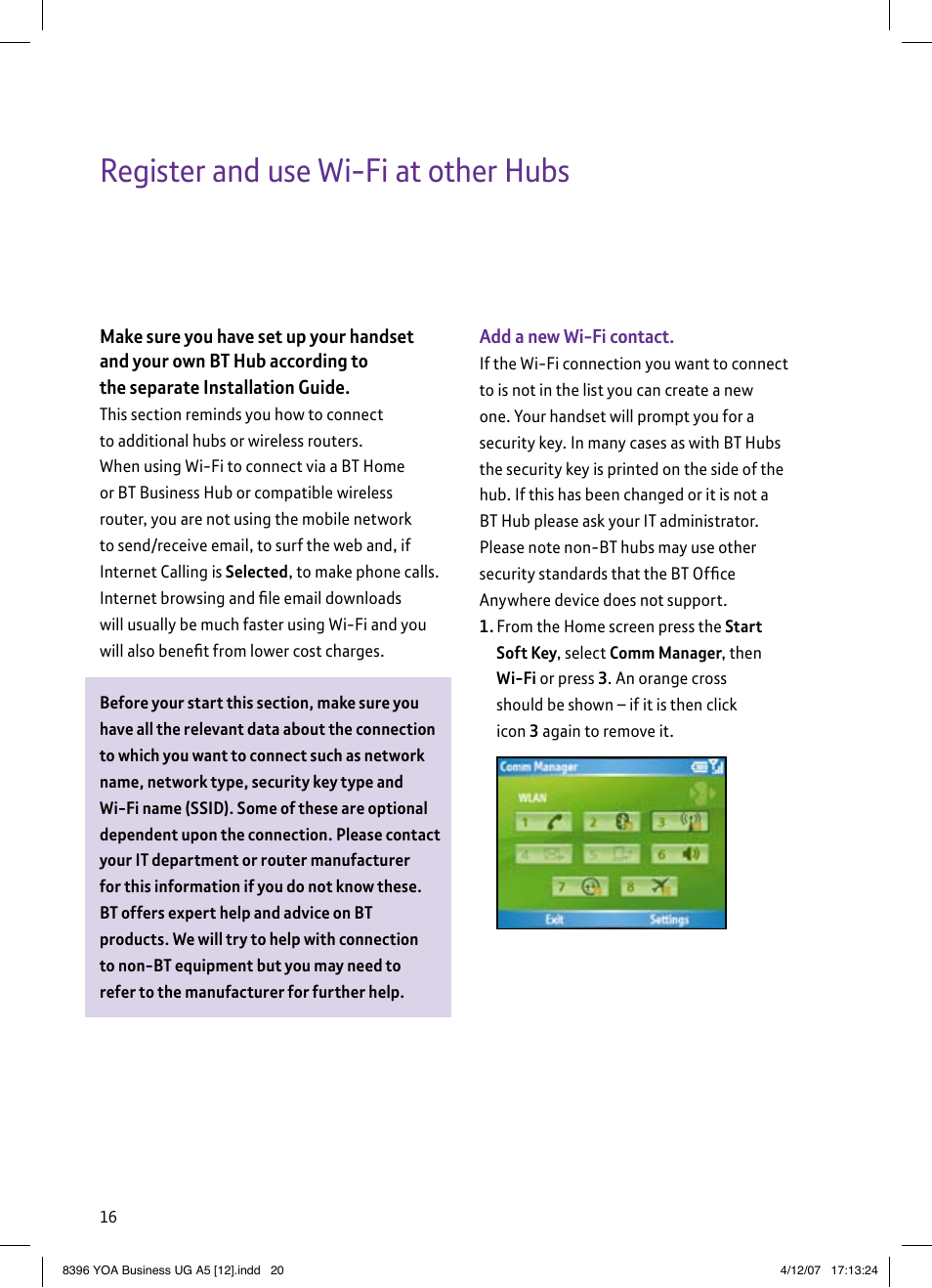 Register and use wi-fi at other hubs | BT HTC S620 User Manual | Page 20 / 44