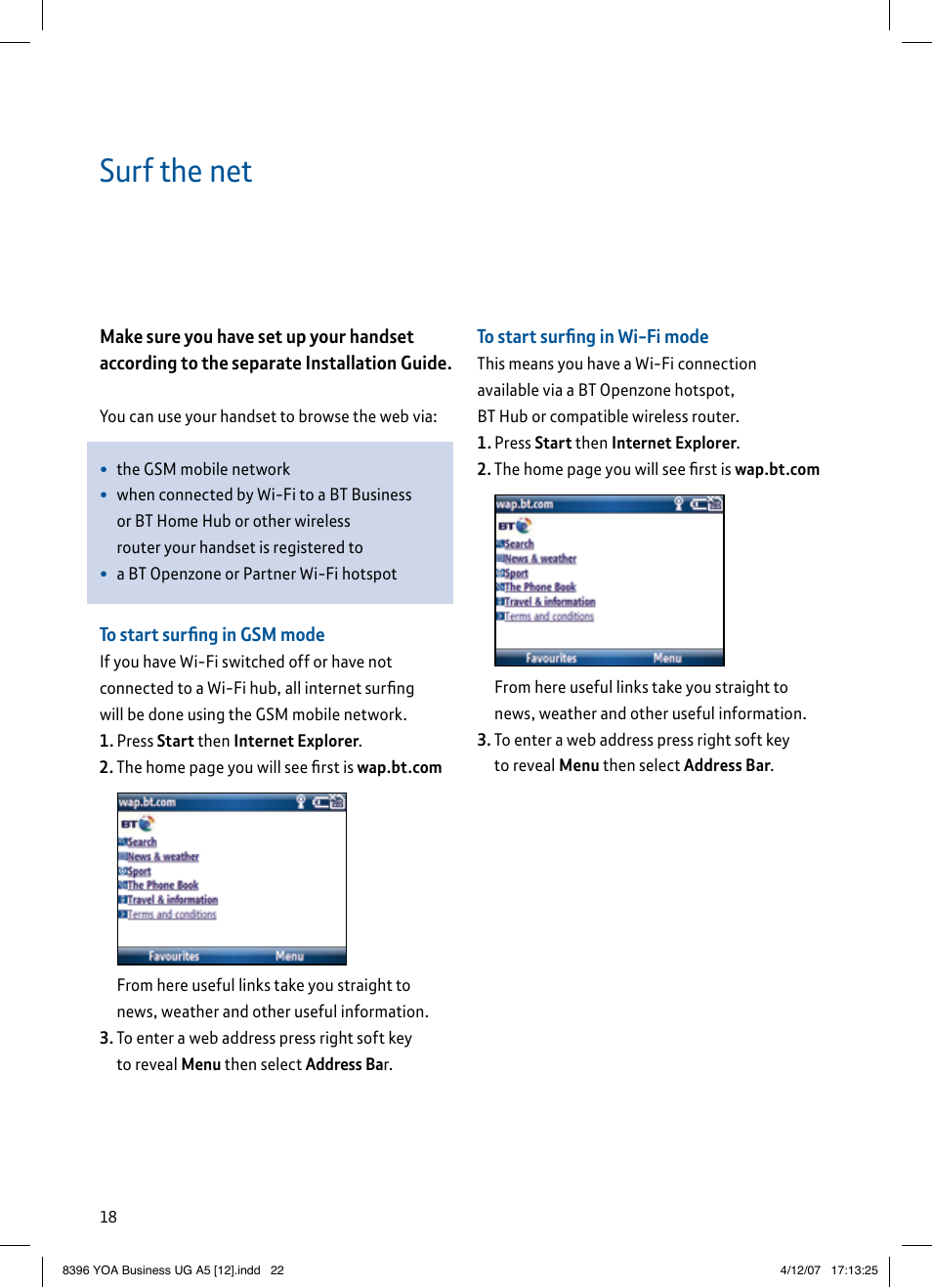 Surf the net | BT HTC S620 User Manual | Page 22 / 44