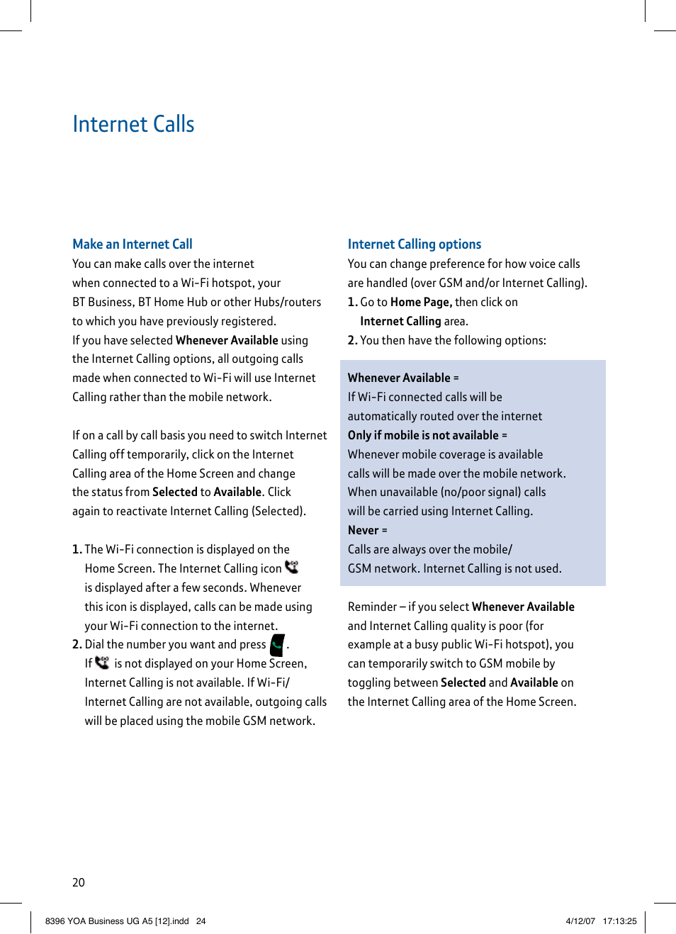 Internet calls | BT HTC S620 User Manual | Page 24 / 44