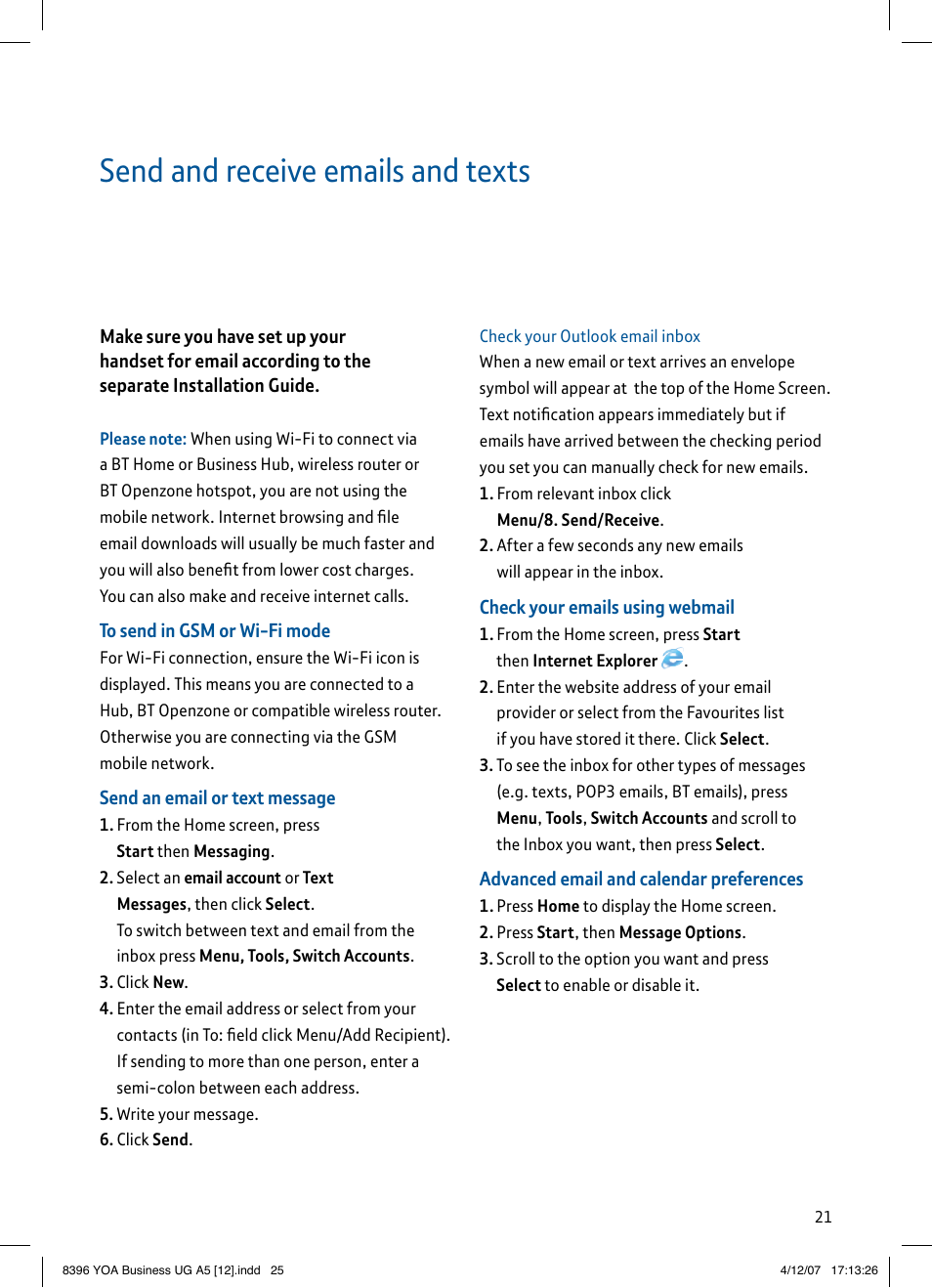 Send and receive emails and texts | BT HTC S620 User Manual | Page 25 / 44