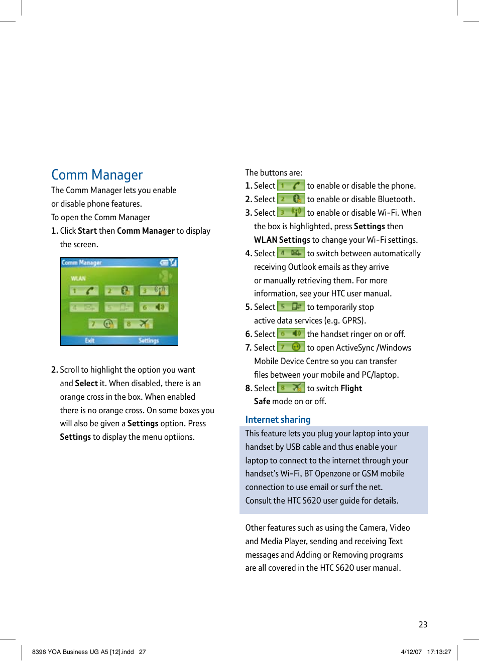 Comm manager | BT HTC S620 User Manual | Page 27 / 44