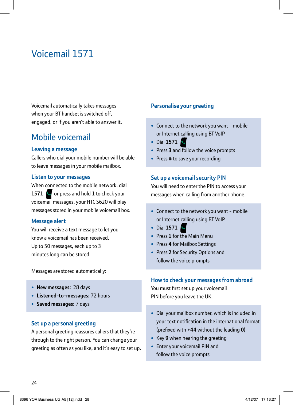 Voicemail 1571, Mobile voicemail | BT HTC S620 User Manual | Page 28 / 44