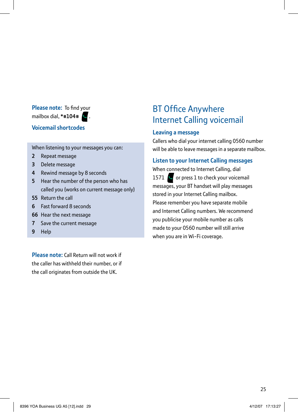 Bt office anywhere internet calling voicemail | BT HTC S620 User Manual | Page 29 / 44