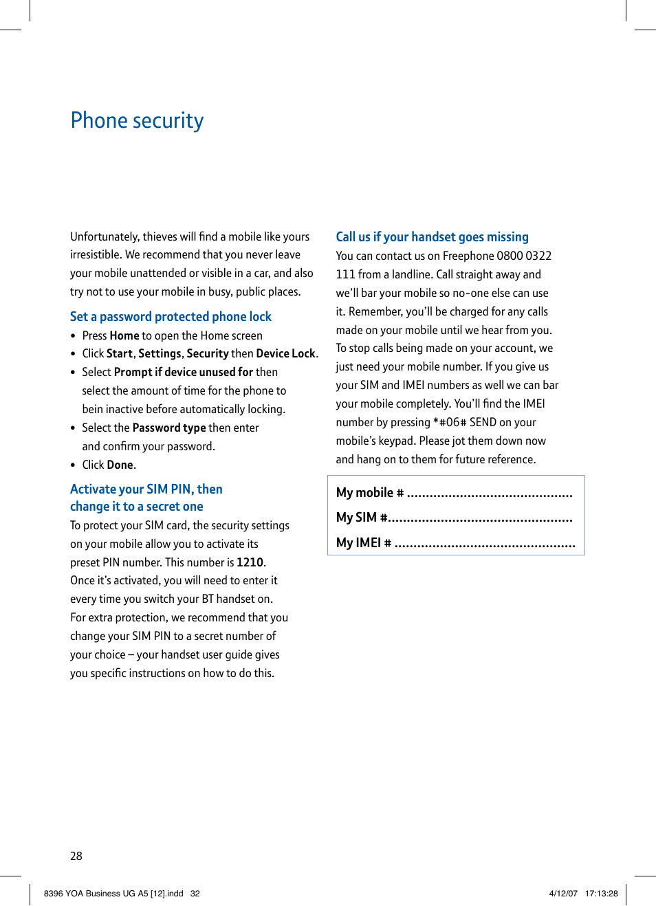 Phone security | BT HTC S620 User Manual | Page 32 / 44