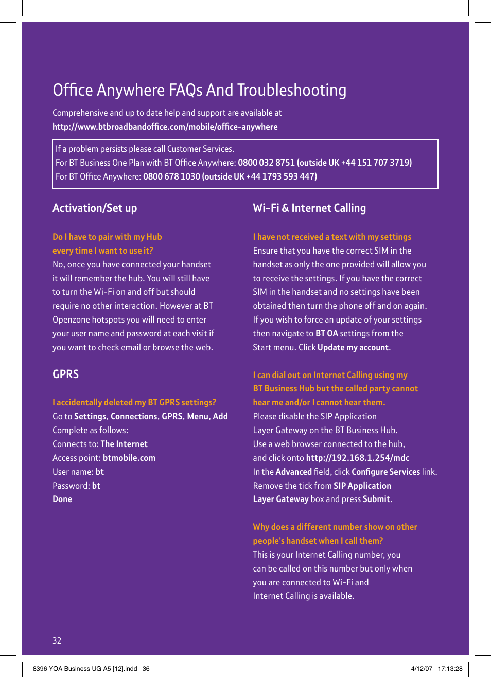 Office anywhere faqs and troubleshooting, Activation/set up, Gprs | Wi-fi & internet calling | BT HTC S620 User Manual | Page 36 / 44