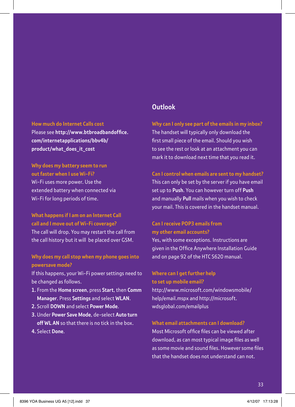 Outlook | BT HTC S620 User Manual | Page 37 / 44