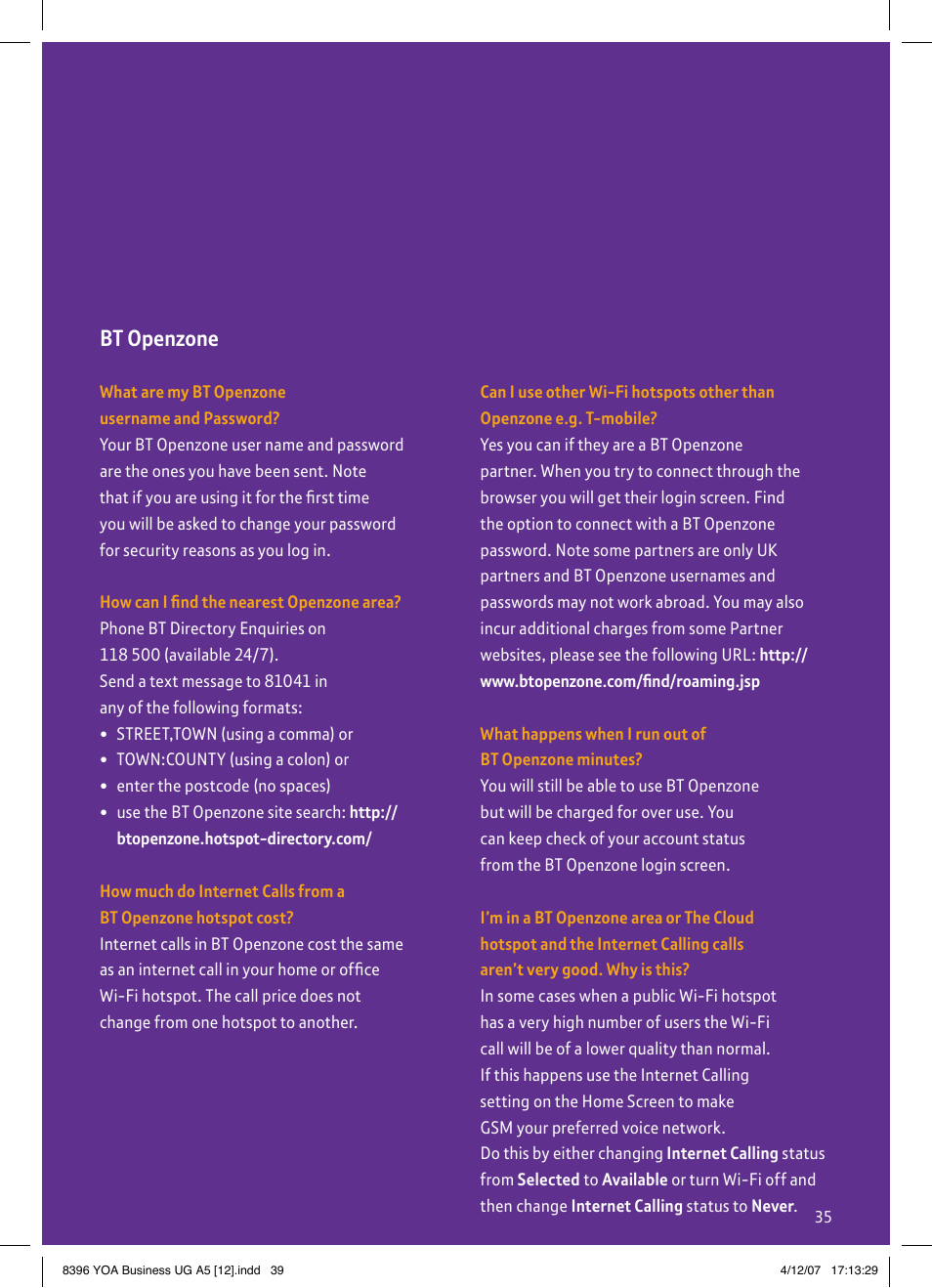 Bt openzone | BT HTC S620 User Manual | Page 39 / 44