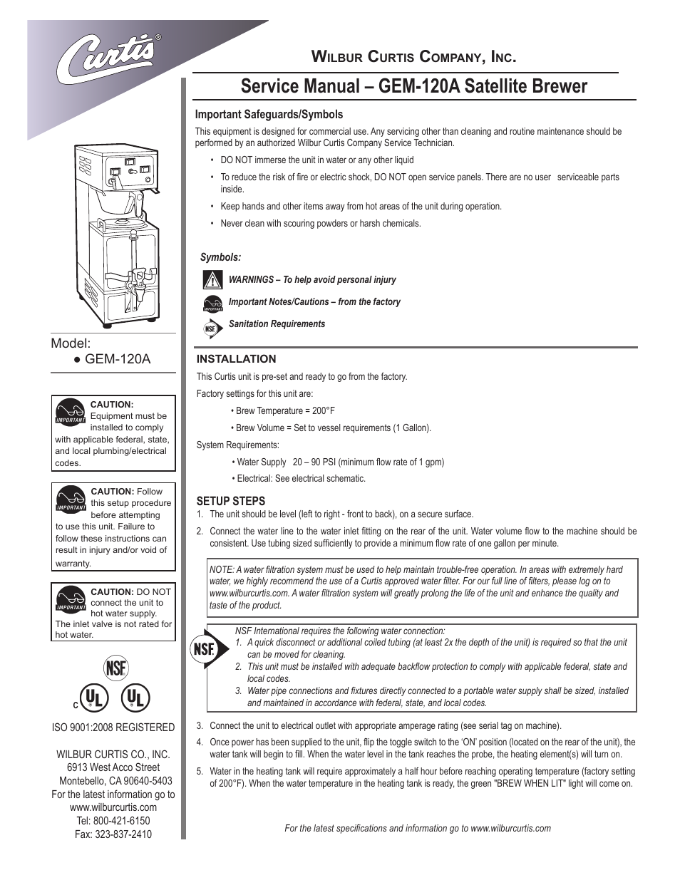 Wilbur Curtis GEM-120A User Manual | 12 pages