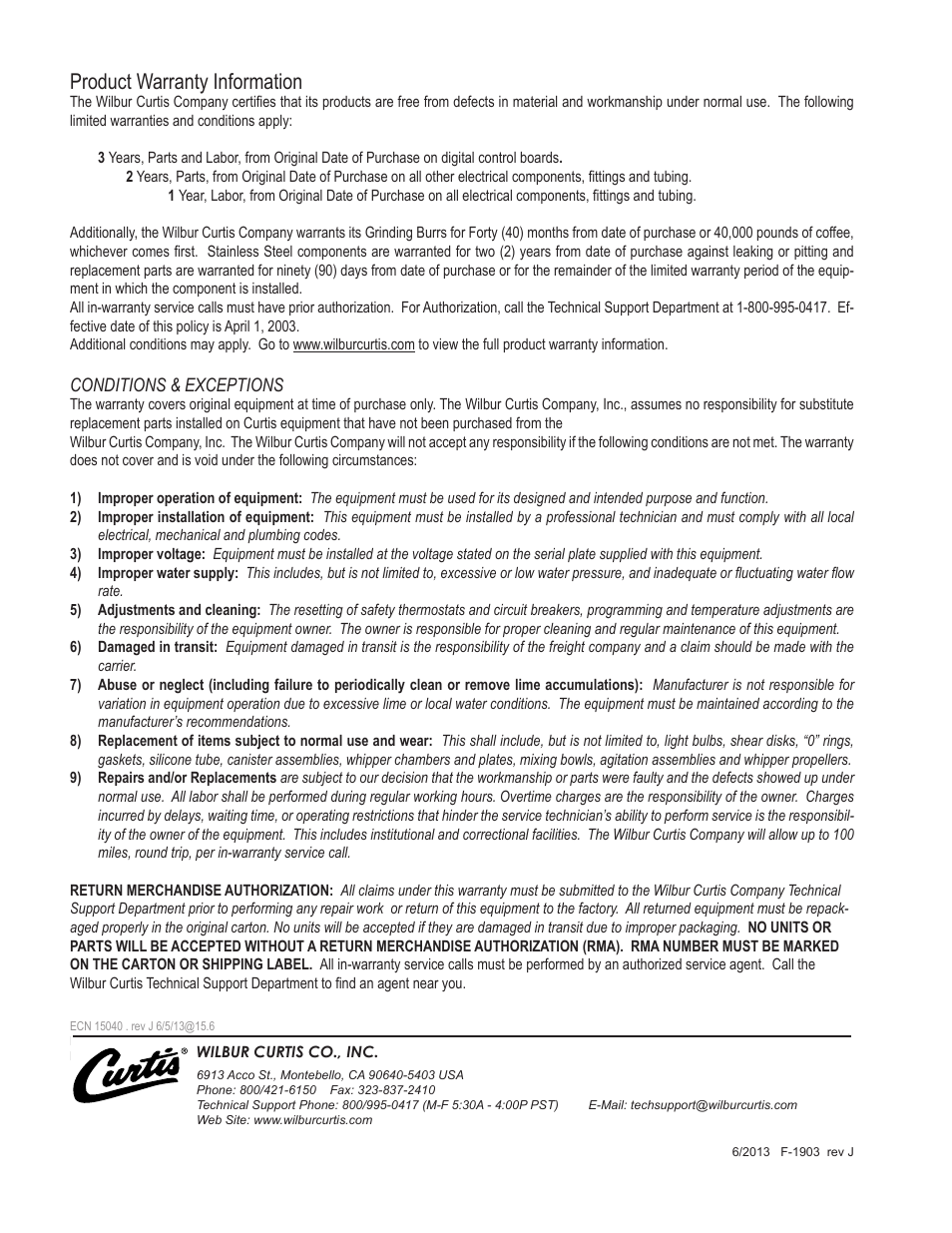 Product warranty information | Wilbur Curtis GEM-120A User Manual | Page 12 / 12