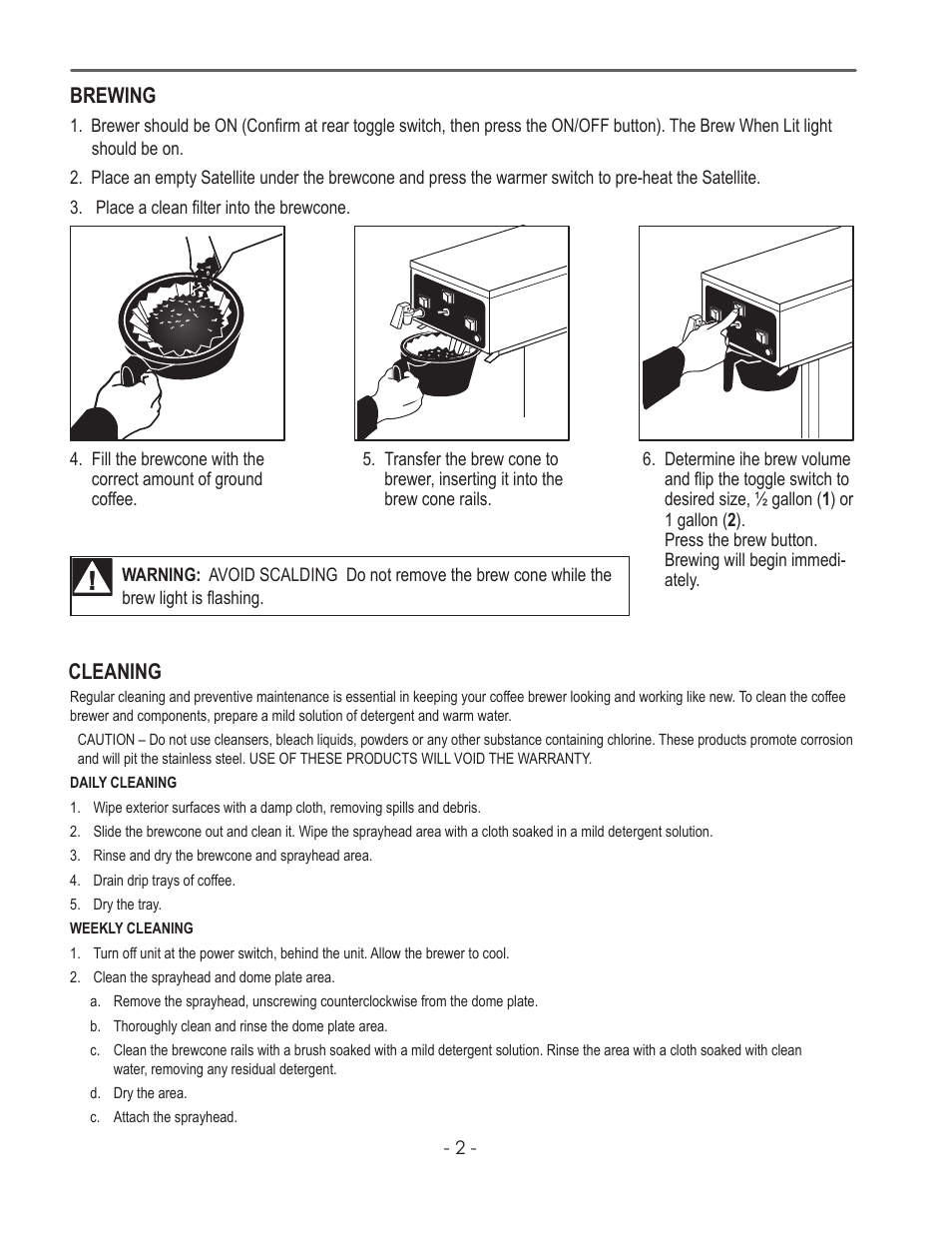 Brewing, Cleaning | Wilbur Curtis GEM-120A User Manual | Page 2 / 12