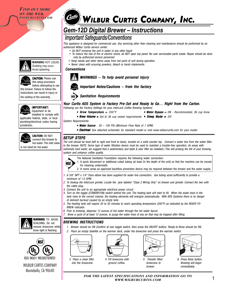 Wilbur Curtis Gem-12D User Manual | 4 pages