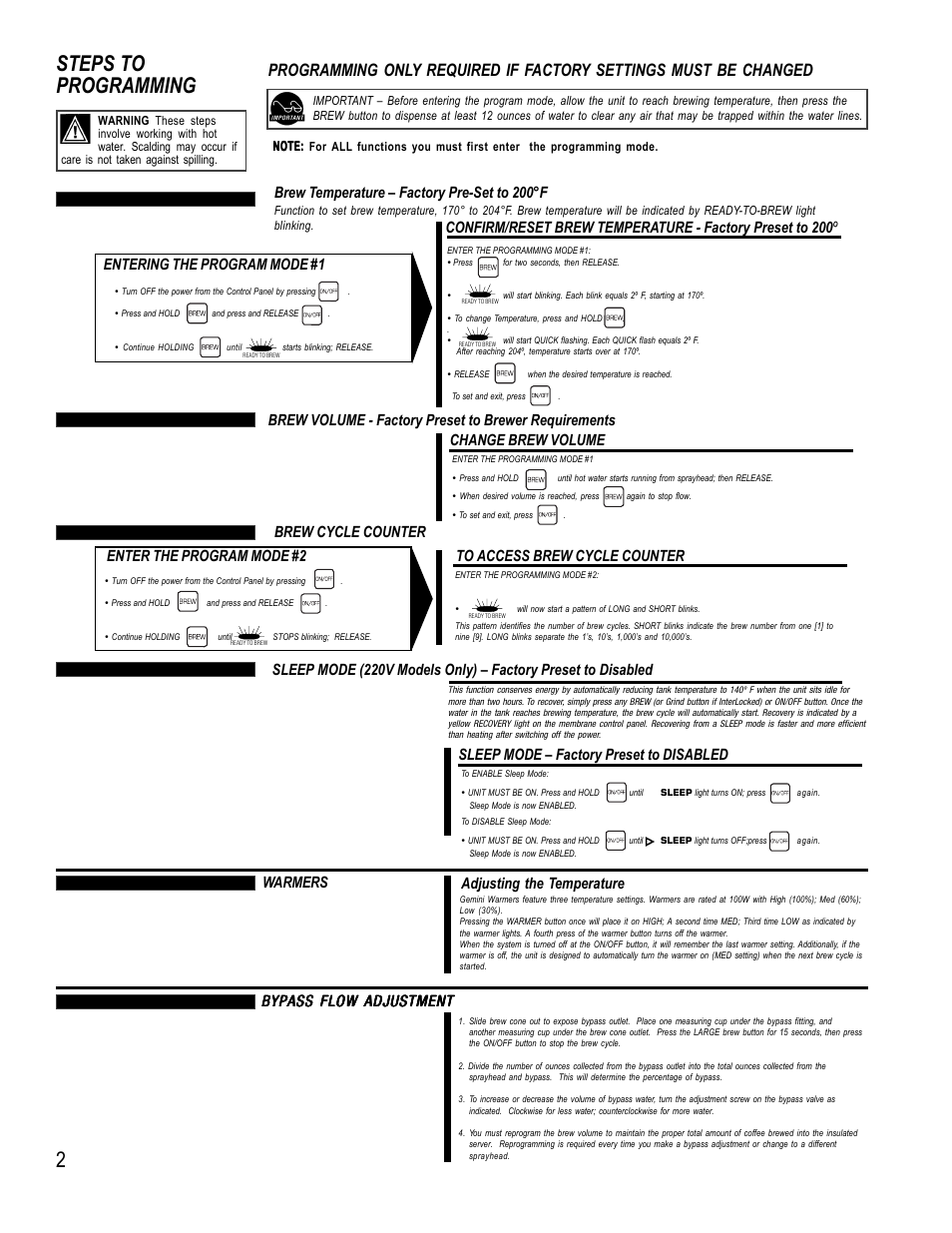 Steps to programming 2, Bypass flow adjustment, Brew cycle counter | Enter the program mode #2, Brew temperature – factory pre-set to 200°f, Entering the program mode #1, Sleep mode – factory preset to disabled warmers, Adjusting the temperature | Wilbur Curtis Gem-12D User Manual | Page 2 / 4