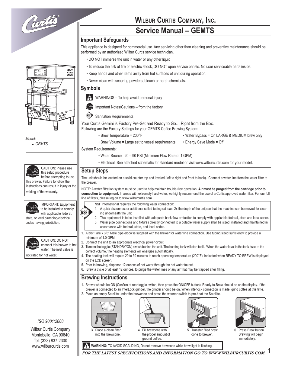 Wilbur Curtis GEMTS User Manual | 10 pages