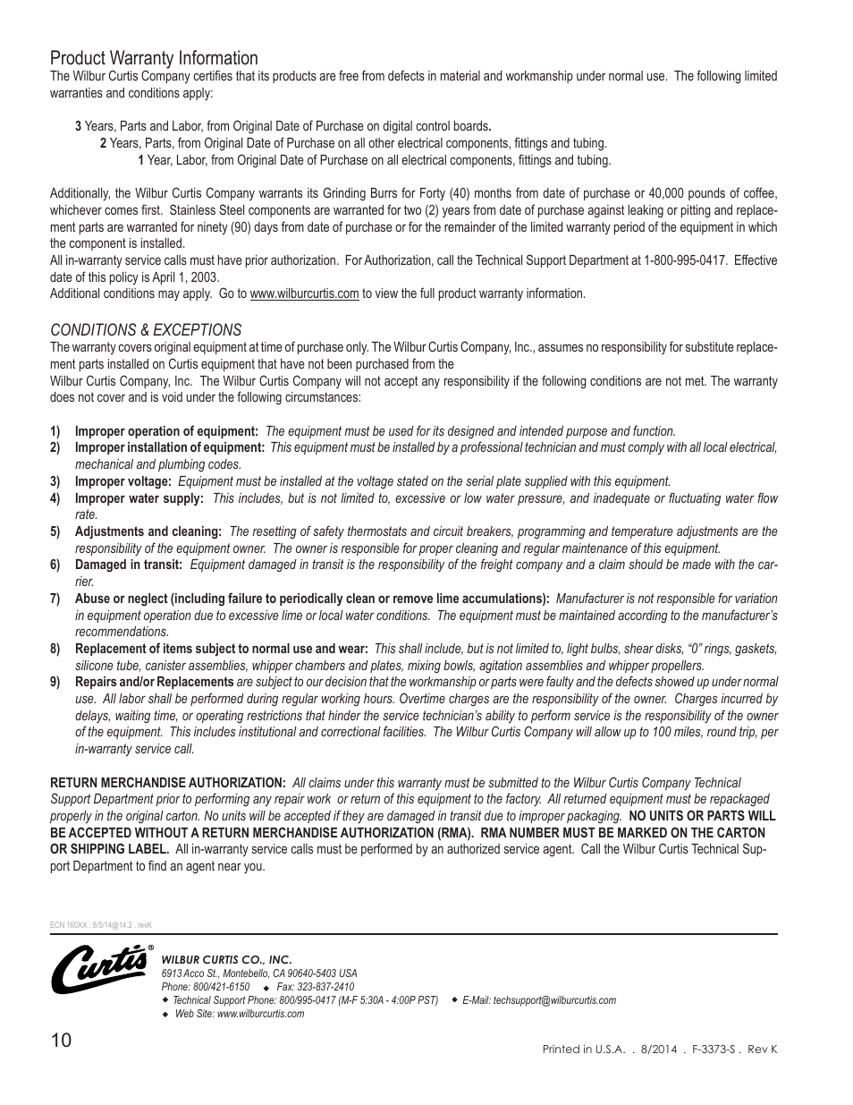 Product warranty information, Conditions & exceptions | Wilbur Curtis GEMTS User Manual | Page 10 / 10