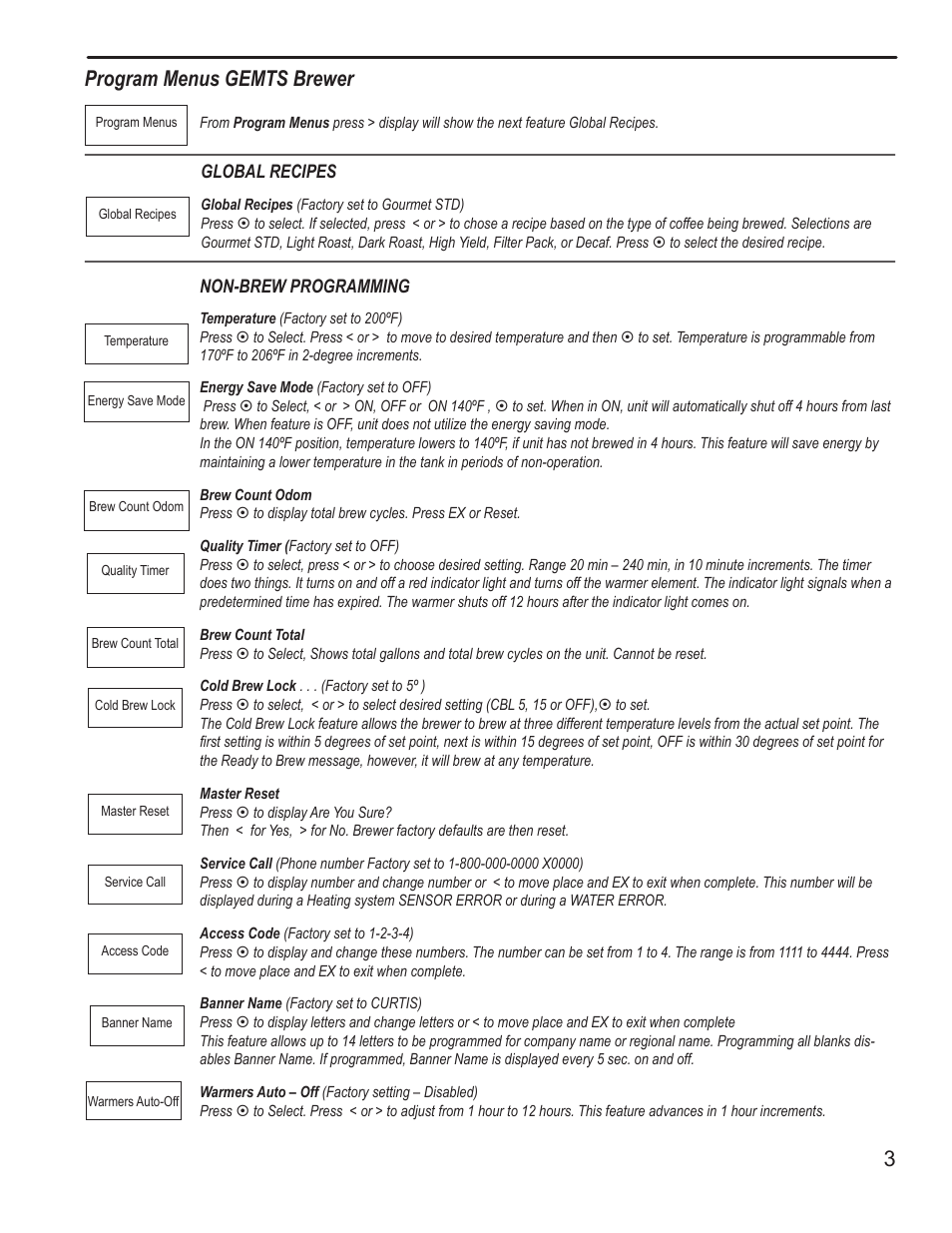 3program menus gemts brewer | Wilbur Curtis GEMTS User Manual | Page 3 / 10