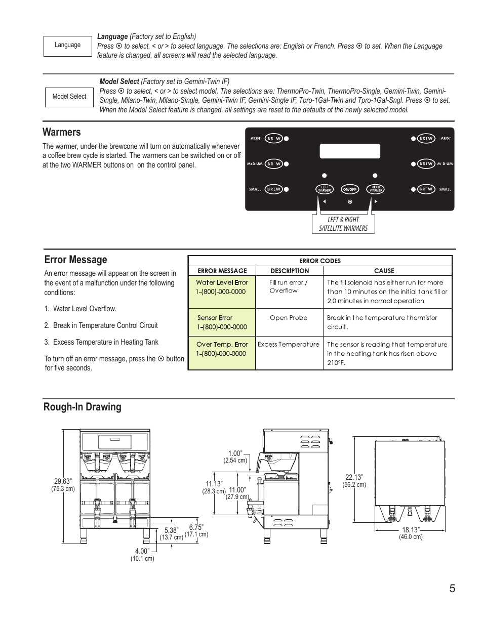 Error message, Rough-in drawing warmers | Wilbur Curtis GEMTS User Manual | Page 5 / 10
