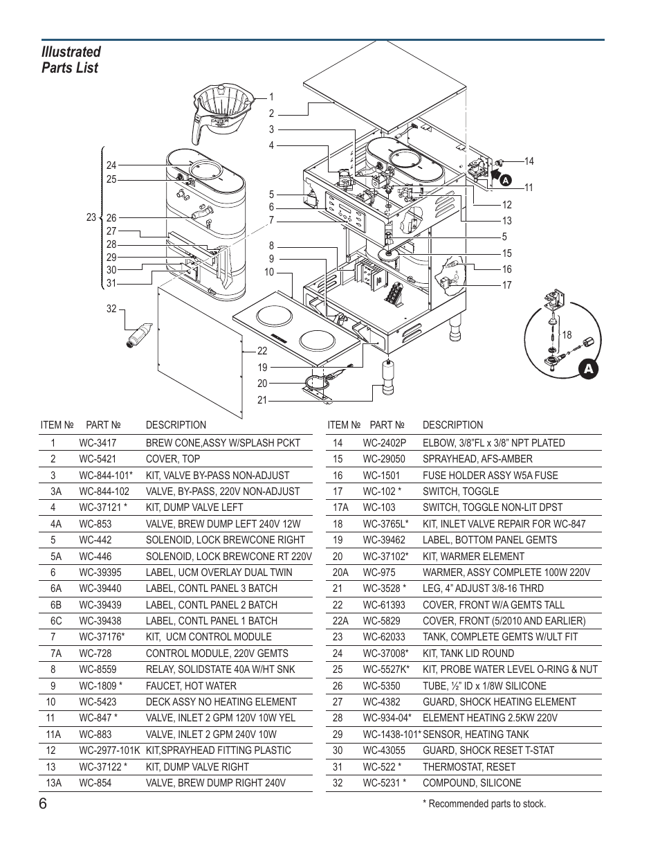 Illustrated parts list | Wilbur Curtis GEMTS User Manual | Page 6 / 10