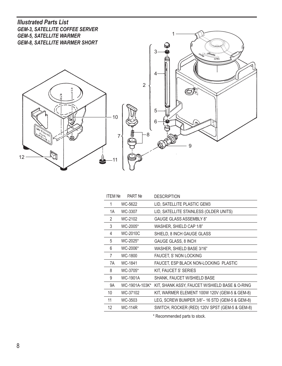 Illustrated parts list | Wilbur Curtis GEMTS User Manual | Page 8 / 10