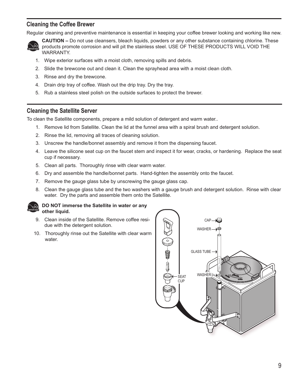 Cleaning the satellite server, Cleaning the coffee brewer | Wilbur Curtis GEMTS User Manual | Page 9 / 10