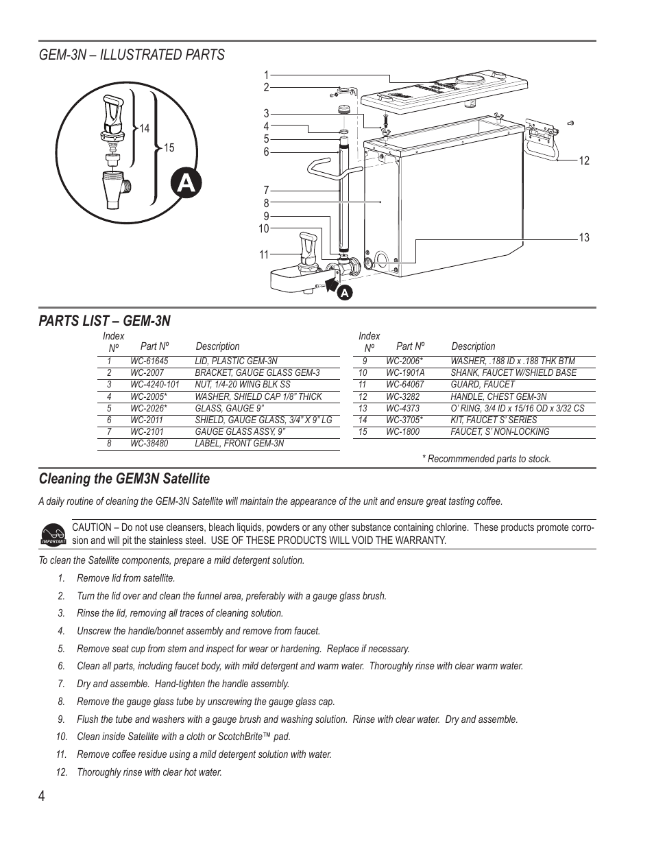 4gem-3n – illustrated parts parts list – gem-3n, Cleaning the gem3n satellite | Wilbur Curtis GEM-5N User Manual | Page 4 / 8