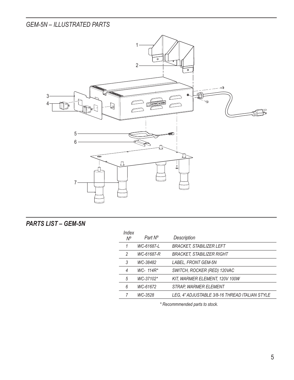 5gem-5n – illustrated parts parts list – gem-5n | Wilbur Curtis GEM-5N User Manual | Page 5 / 8