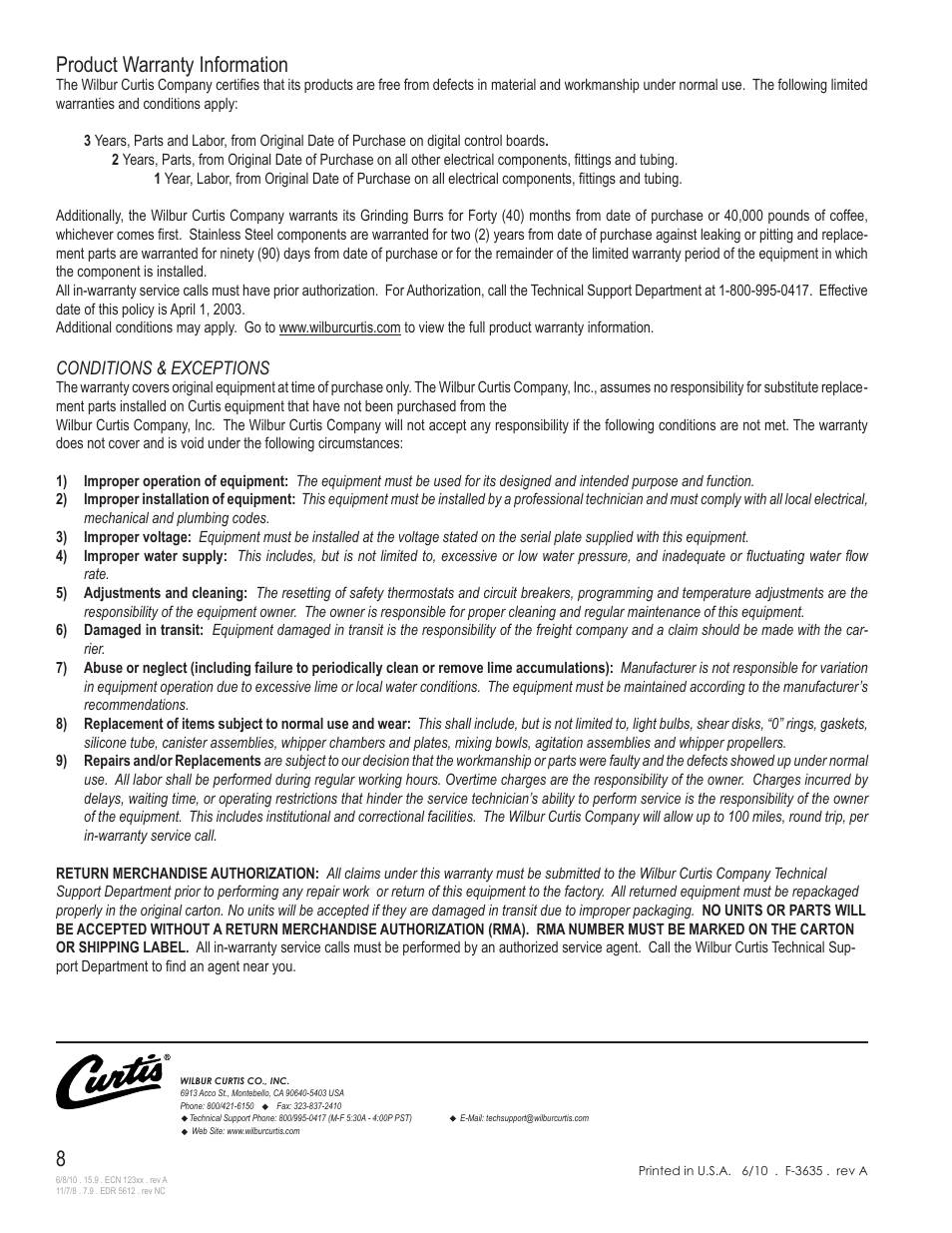 Product warranty information, Conditions & exceptions | Wilbur Curtis GEM-5N User Manual | Page 8 / 8