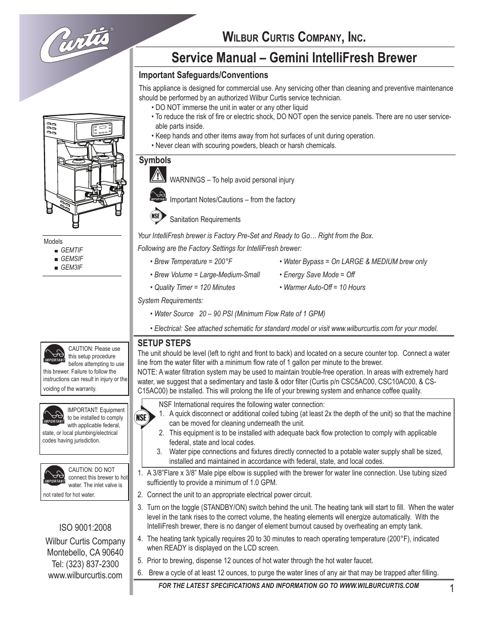 Wilbur Curtis GEM3IF User Manual | 18 pages