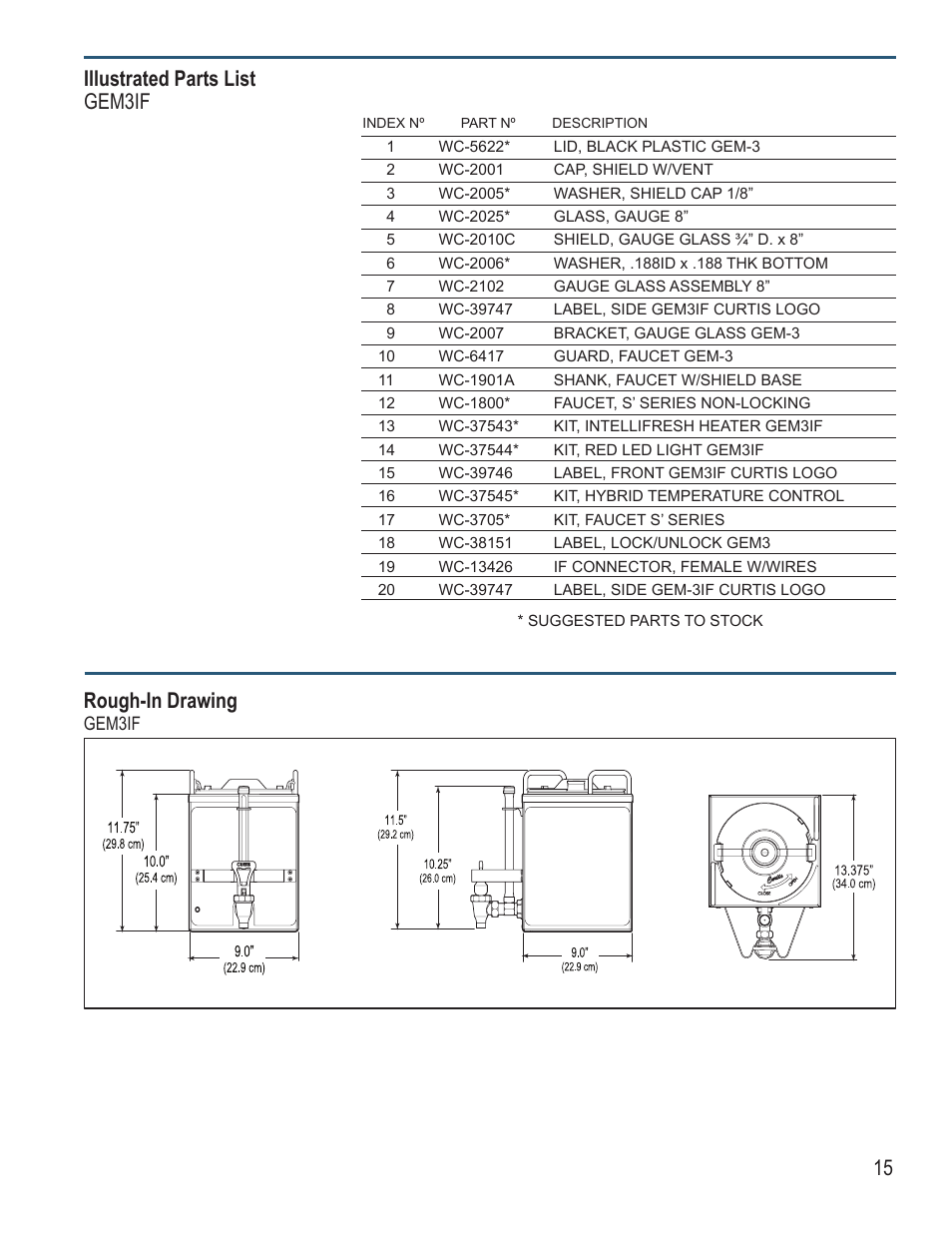 Illustrated parts list gem3if, Rough-in drawing | Wilbur Curtis GEM3IF User Manual | Page 15 / 18